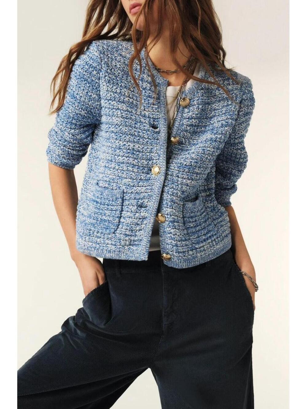 ba&sh Guspa Cardigan Blue Textured Crochet Knit Tweed Jacket Women's‎ 2 (US 6)